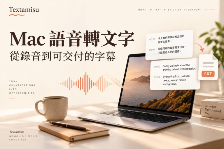 Mac 語音轉文字：從錄音到可交付的字幕，筆電搭配逐字稿、雙語字幕及 SRT 概念示意